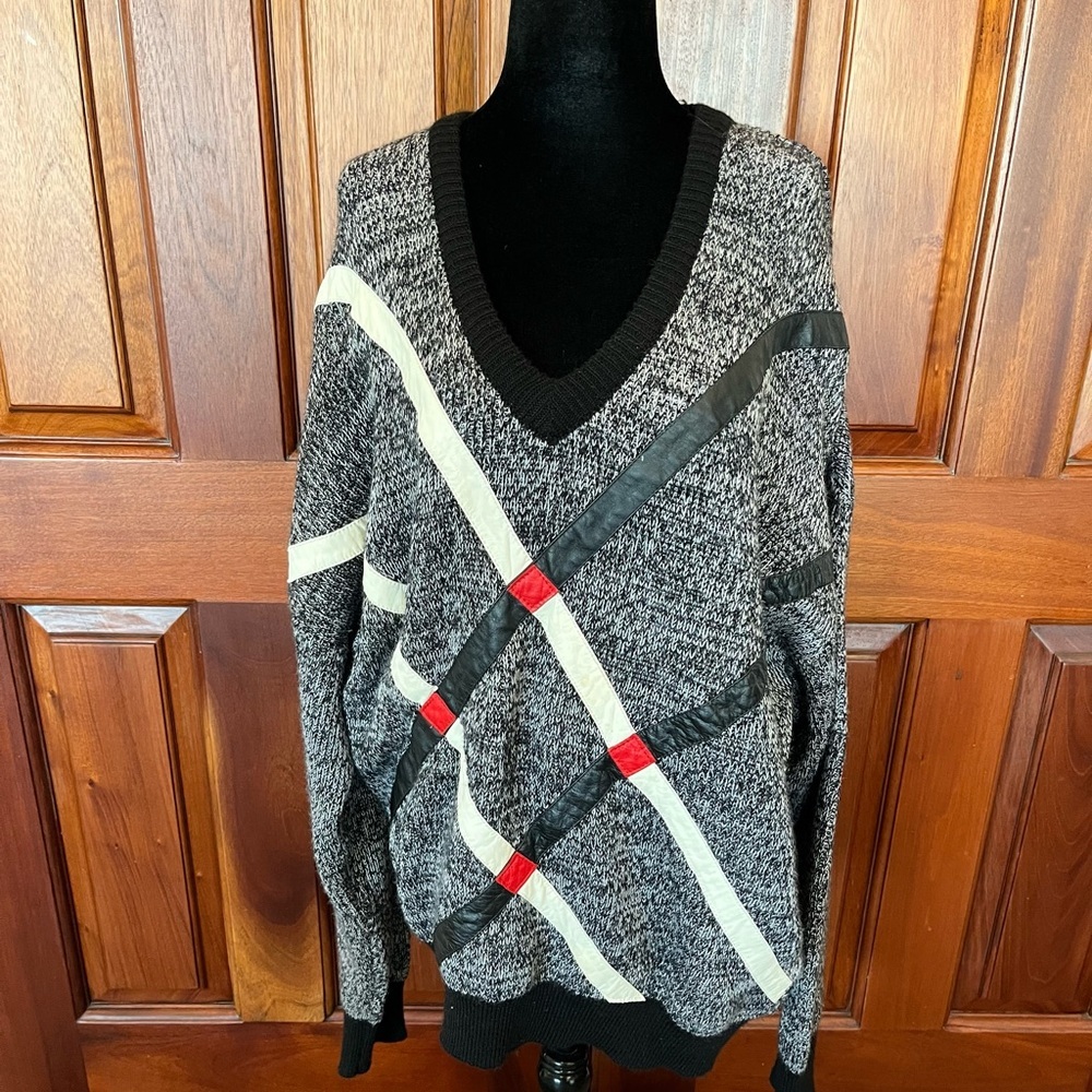 Vintage Alan Stuart Leather Wool Blend Sweater XL Grandpa Black Red White 1980’s